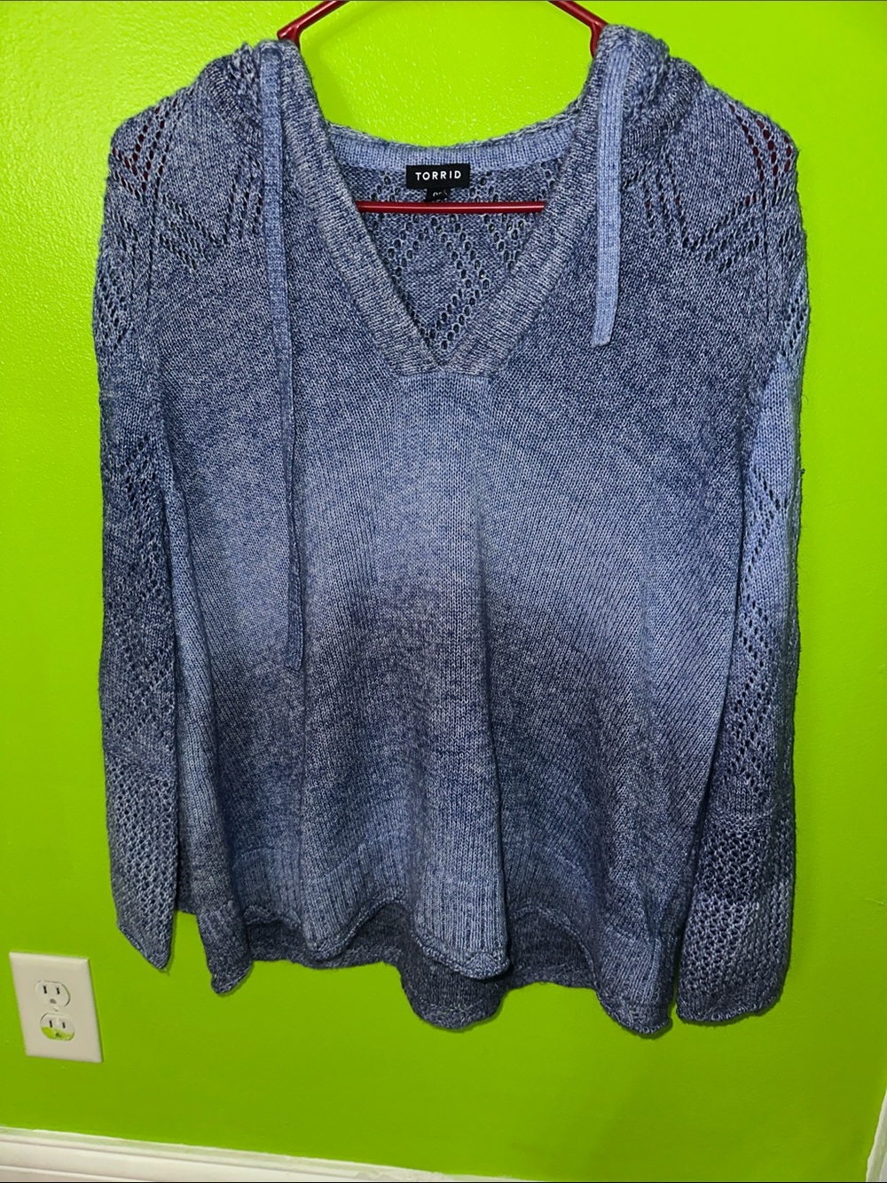 torrid Blue V-Neck Hooded Open-Knit Sweater space ombré dyed